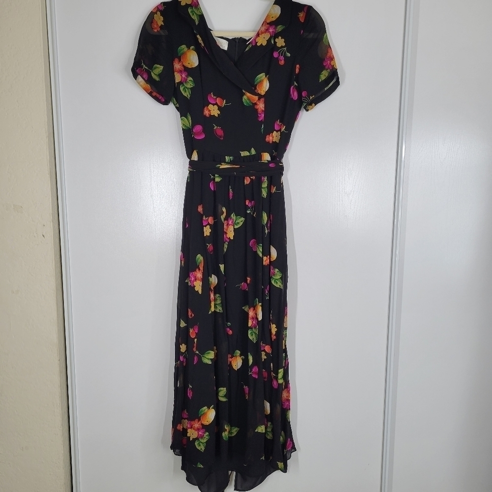 Dana Buchman Vintage 90s Black Silk Chiffon Floral Fruit‎ Dress Small Prairie